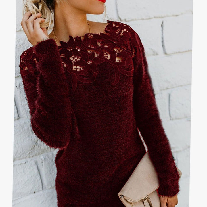 Women's Lace-Trim Floral Long Sleeve Winter Knit Sweater - Red Wine