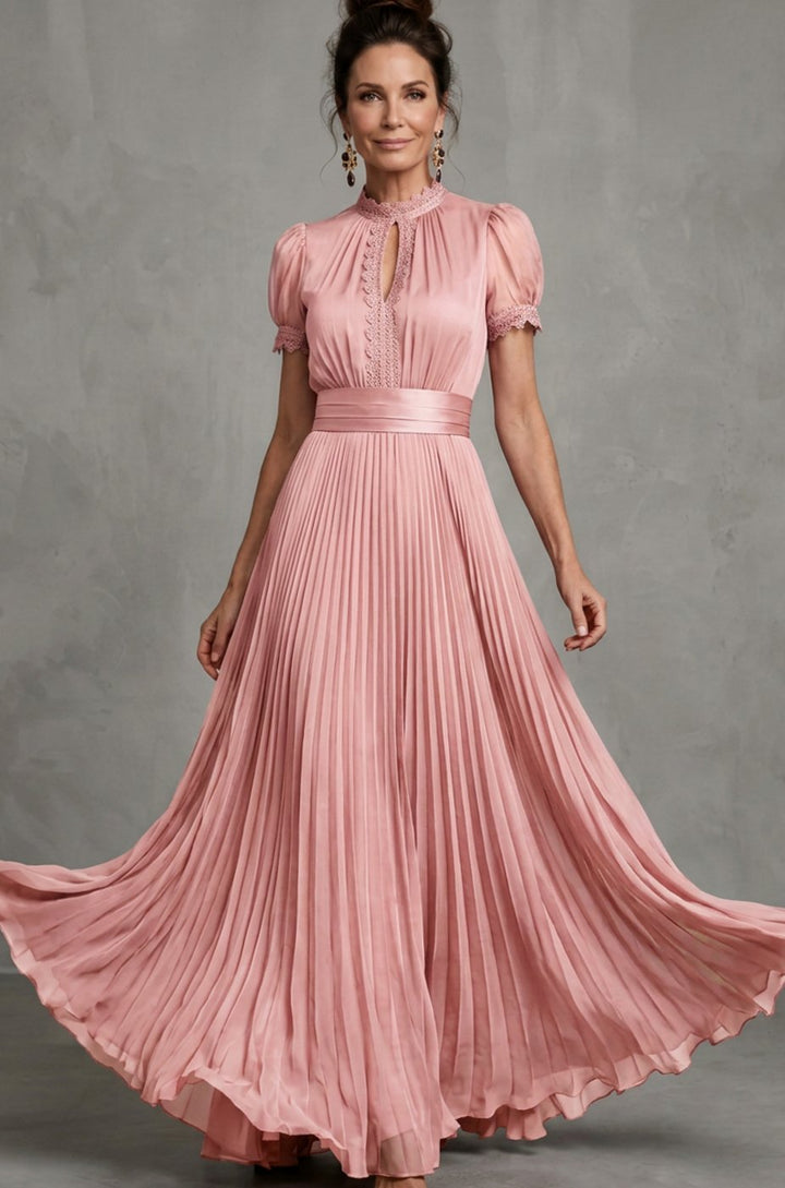 Women's Lace-Trim Puff-Sleeve Pleated Maxi Dress - Blush Pink