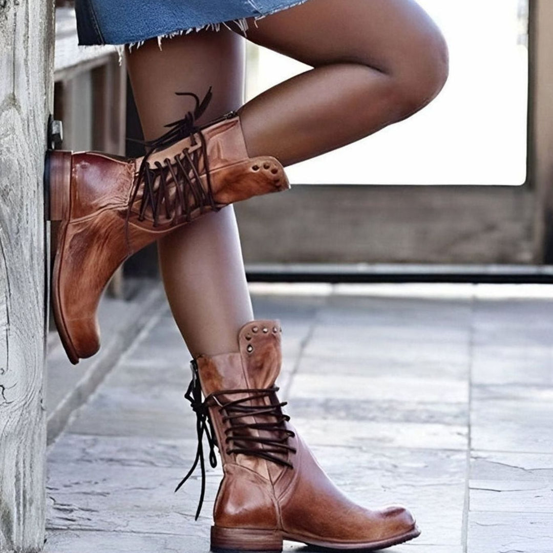 Women's Lace-Up Back Mid-Calf Leather Ankle Boots