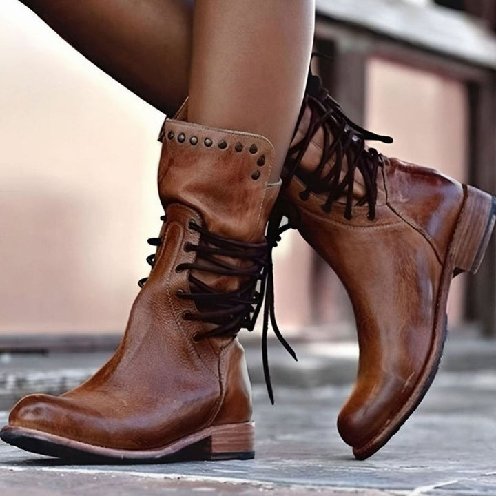 Women's Lace-Up Back Mid-Calf Leather Ankle Boots - Brown
