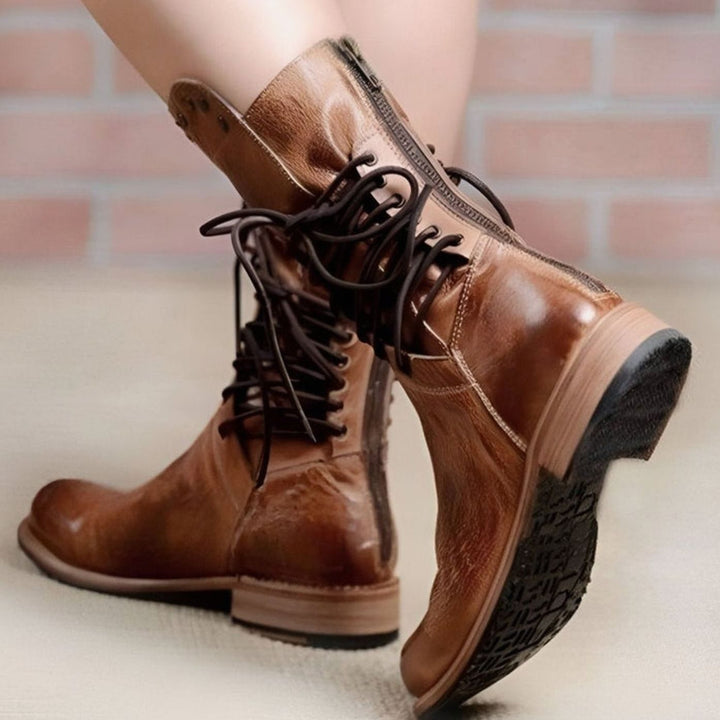 Women's Lace-Up Back Mid-Calf Leather Ankle Boots
