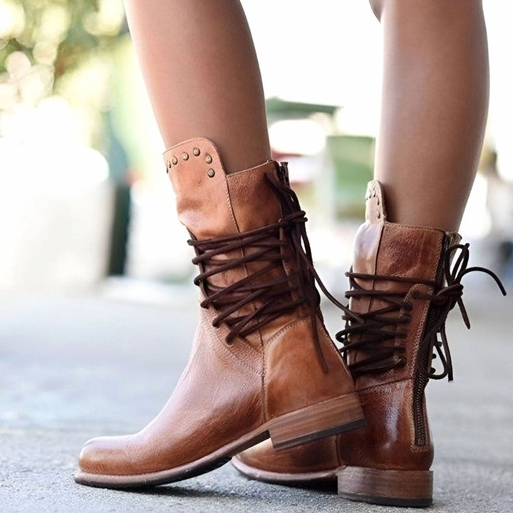 Women's Lace-Up Back Mid-Calf Leather Ankle Boots