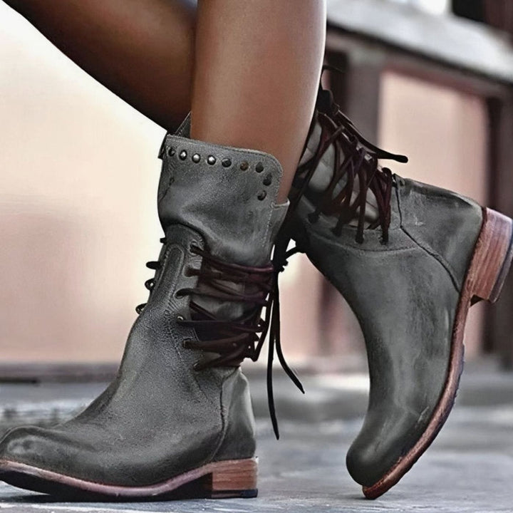 Women's Lace-Up Back Mid-Calf Leather Ankle Boots - Grey