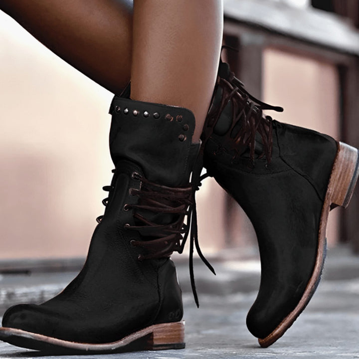 Women's Lace-Up Back Mid-Calf Leather Ankle Boots - Black