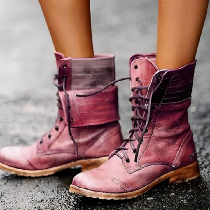 Women's Lace-Up Mid-Calf Combat Boots Distressed Leather-Look - Carmine Red