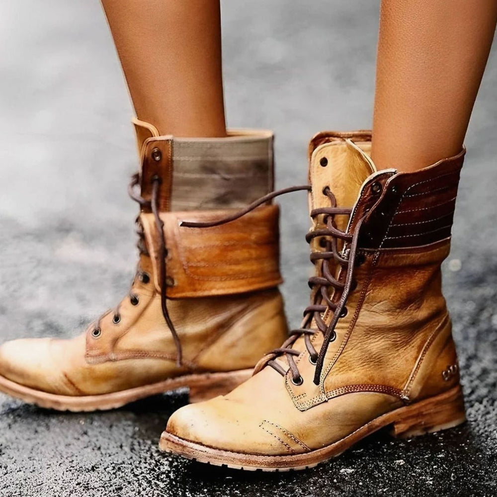Women's Lace-Up Mid-Calf Combat Boots Distressed Leather-Look - Khaki