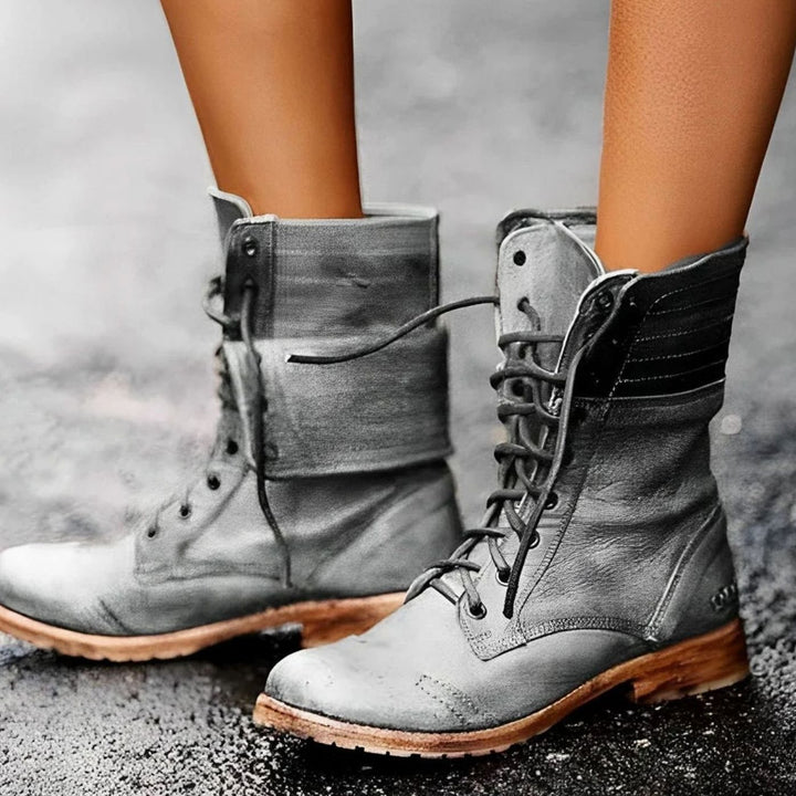 Women's Lace-Up Mid-Calf Combat Boots Distressed Leather-Look - Gray