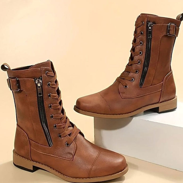 Women's Lace-Up Side-Zip Combat Boots Buckle Ankle
