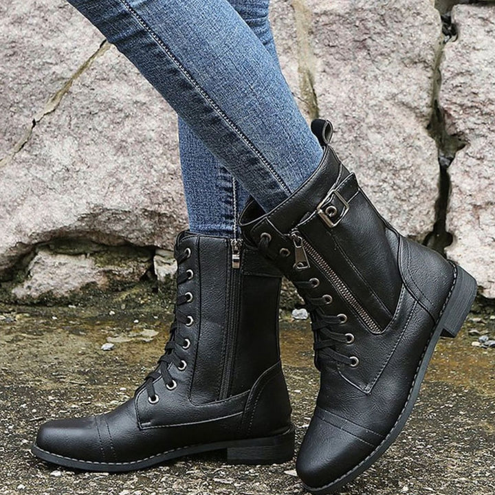 Women's Lace-Up Side-Zip Combat Boots Buckle Ankle