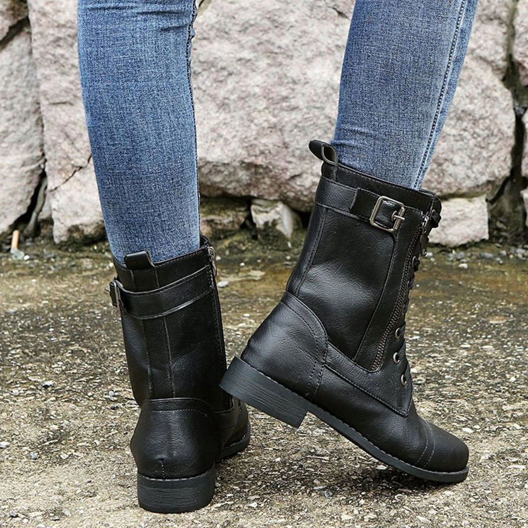 Women's Lace-Up Side-Zip Combat Boots Buckle Ankle