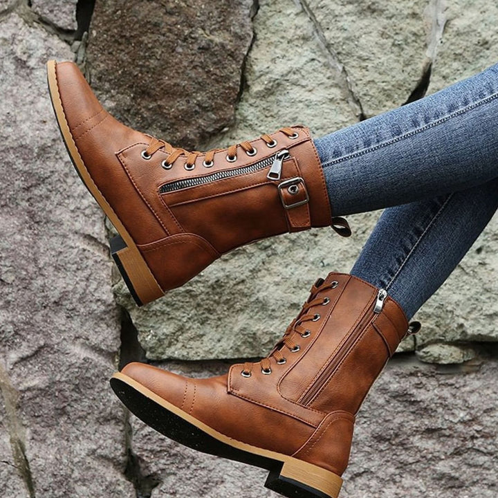 Women's Lace-Up Side-Zip Combat Boots Buckle Ankle