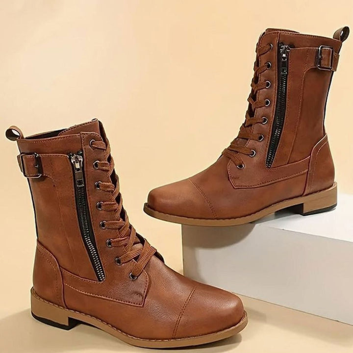 Women's Lace-Up Side-Zip Combat Boots Buckle Ankle - Brown