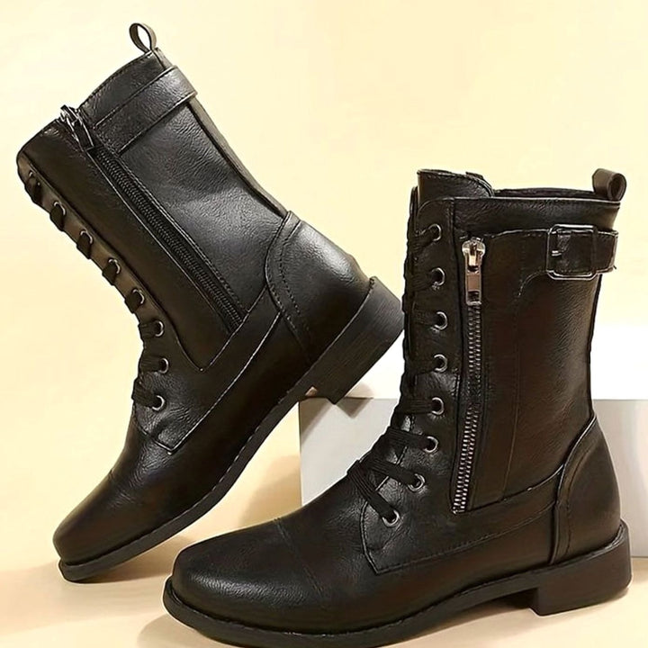 Women's Lace-Up Side-Zip Combat Boots Buckle Ankle - Black