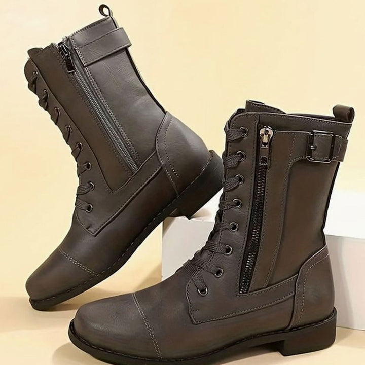 Women's Lace-Up Side-Zip Combat Boots Buckle Ankle - Grey