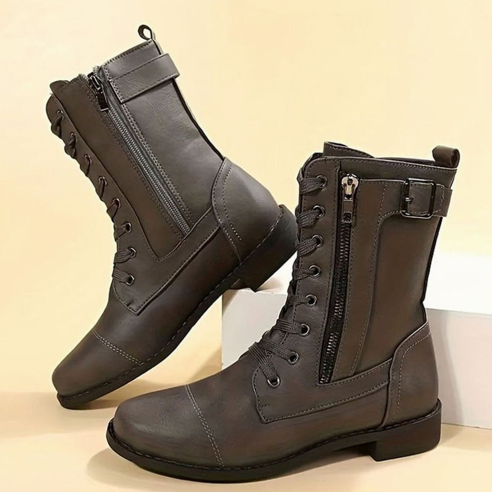 Women's Lace-Up Side-Zip Combat Boots Buckle Ankle