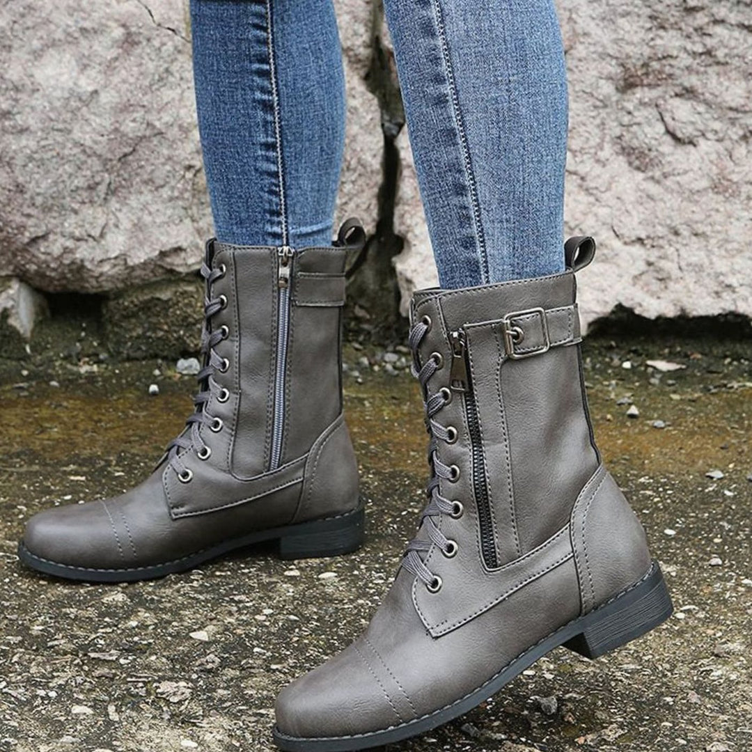 Women's Lace-Up Side-Zip Combat Boots Buckle Ankle