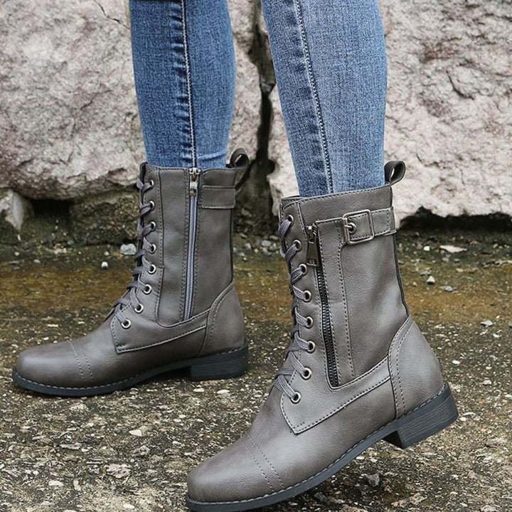 Women's Lace-Up Side-Zip Combat Boots Buckle Ankle