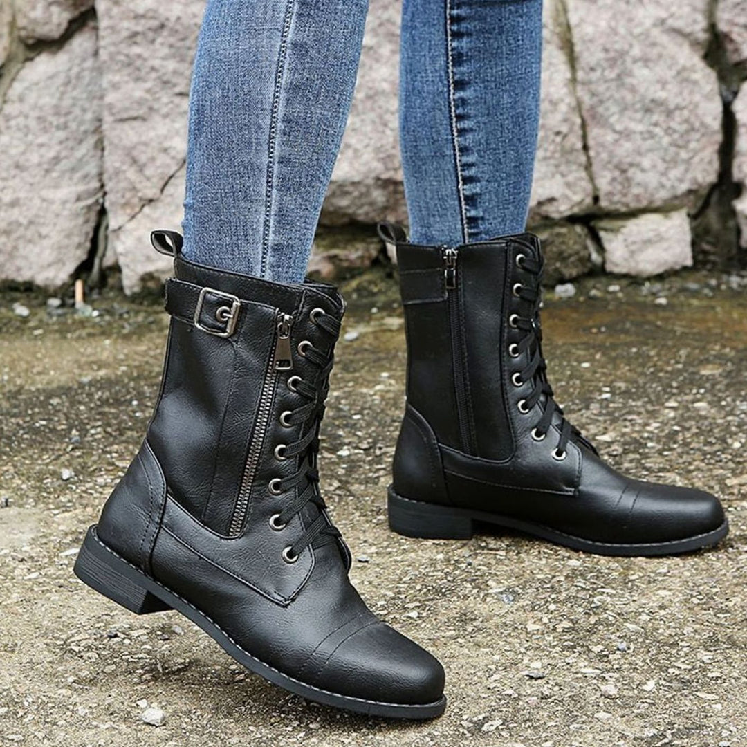 Women's Lace-Up Side-Zip Combat Boots Buckle Ankle