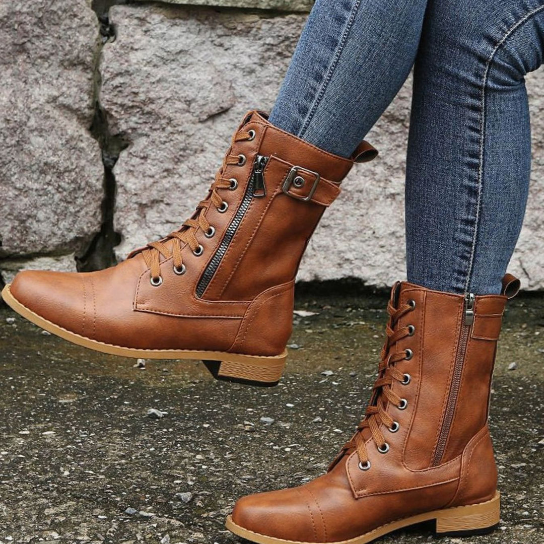 Women's Lace-Up Side-Zip Combat Boots Buckle Ankle