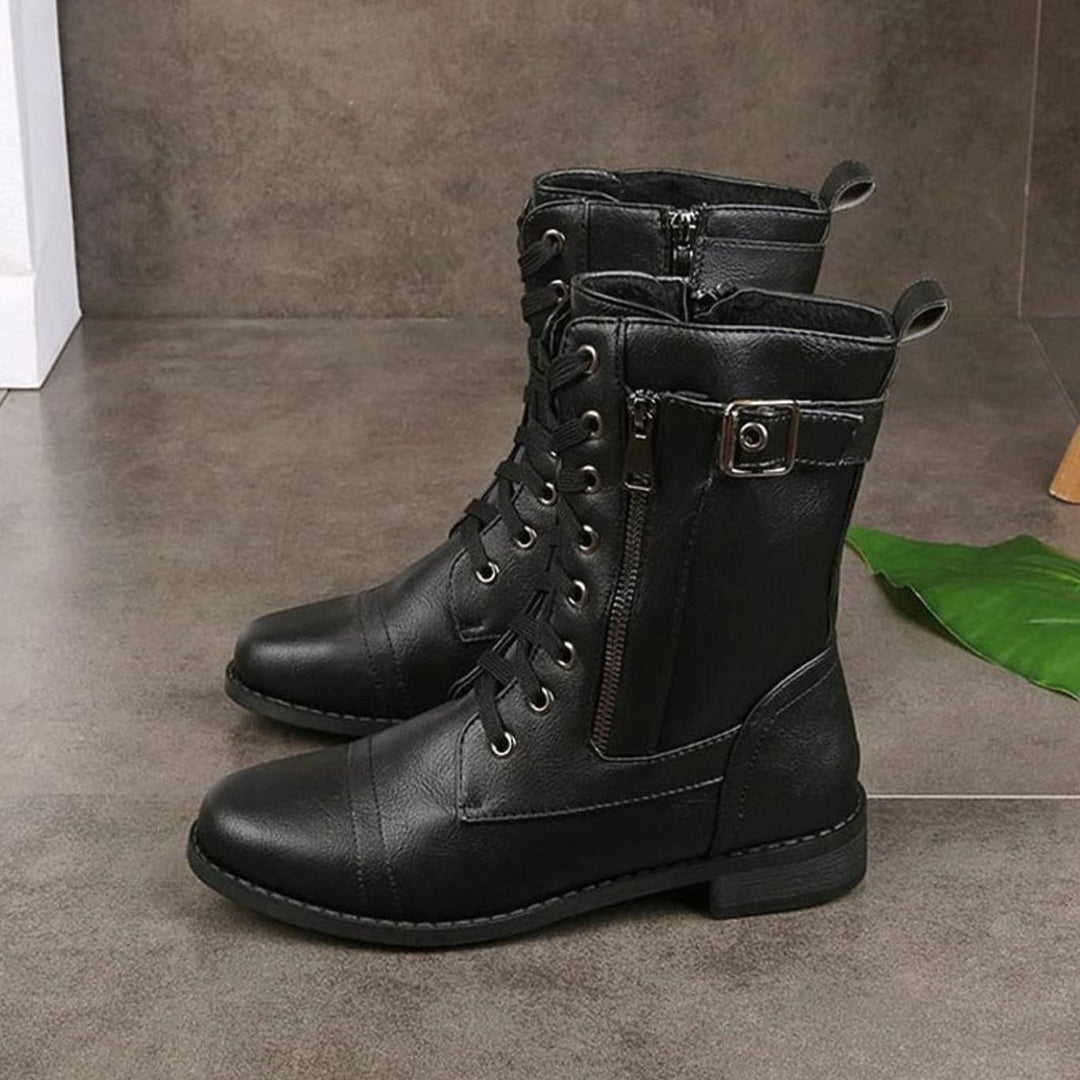 Women's Lace-Up Side-Zip Combat Boots Buckle Ankle