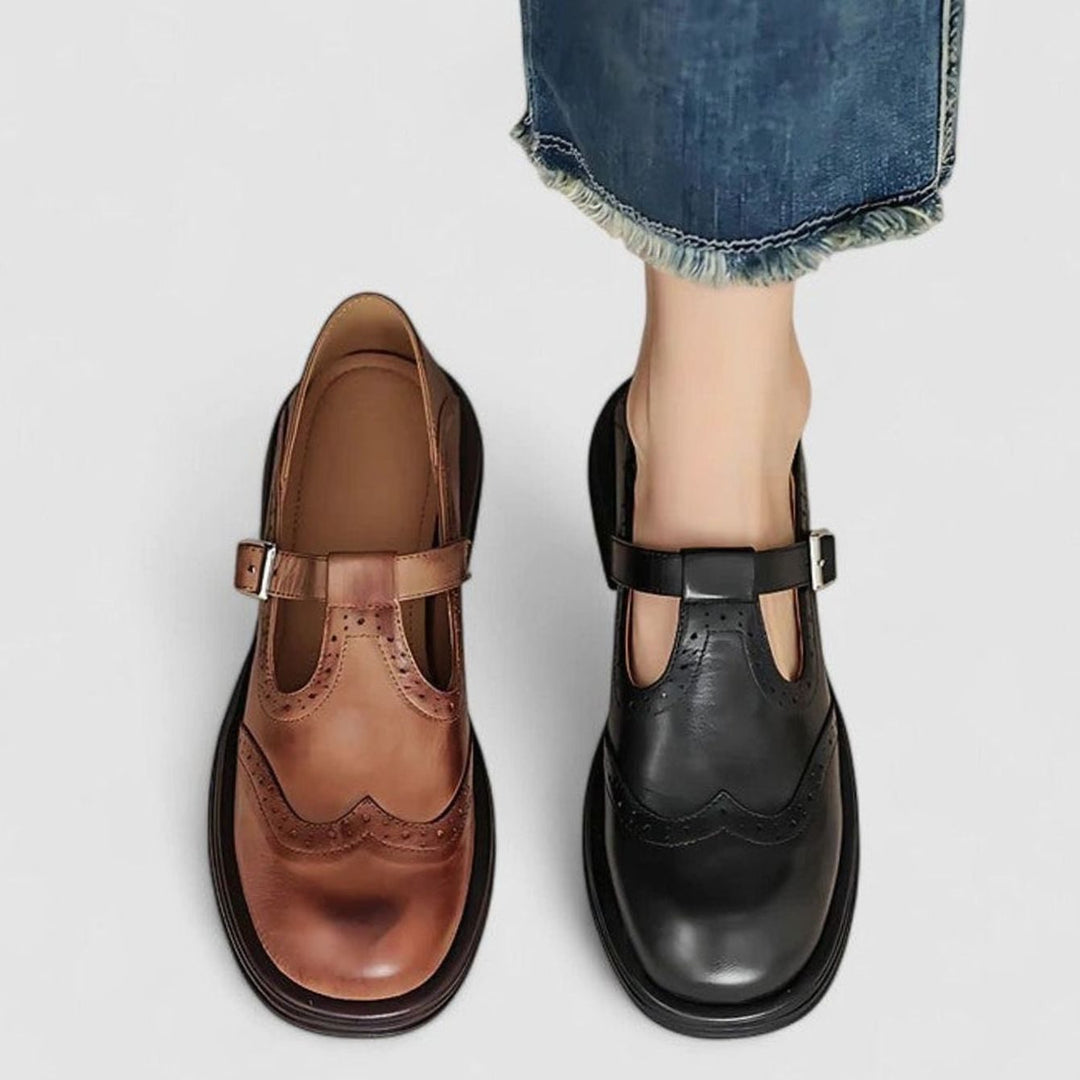 Women's Leather Brogue T-Strap Mary Jane Shoes