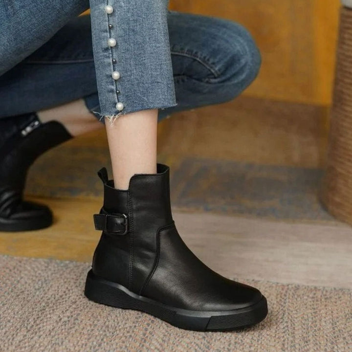 Women's Leather Buckle-Detail Platform Ankle Boots