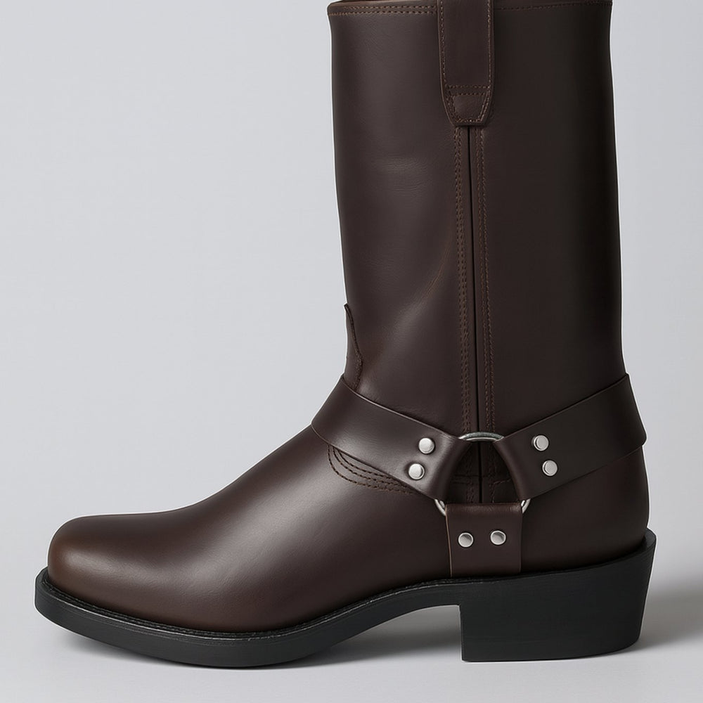 Women's Leather Harness-Strap Square-Toe Cowboy Boots - Dark Brown