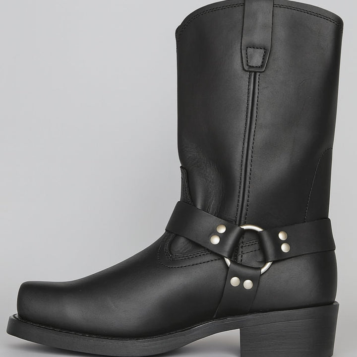 Women's Leather Harness-Strap Square-Toe Cowboy Boots - Black