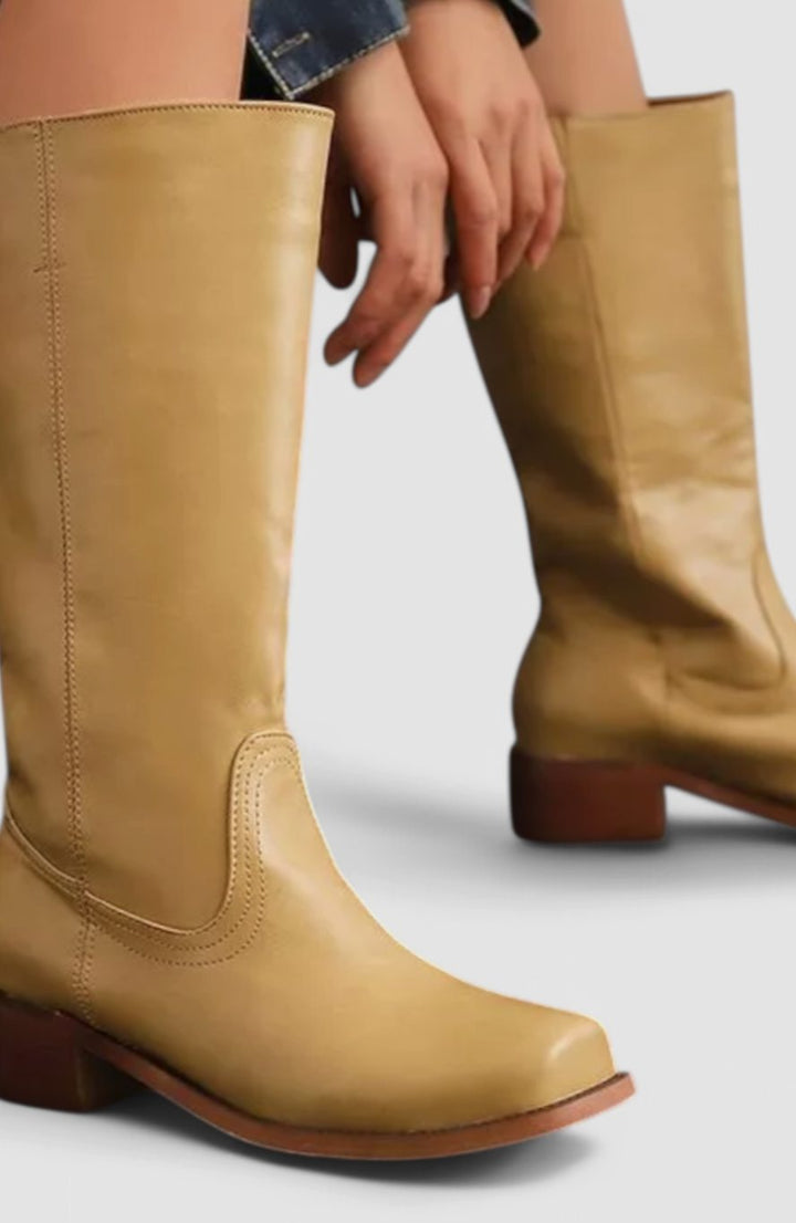 Women's Leather Knee-High Boots Stacked Block Heel