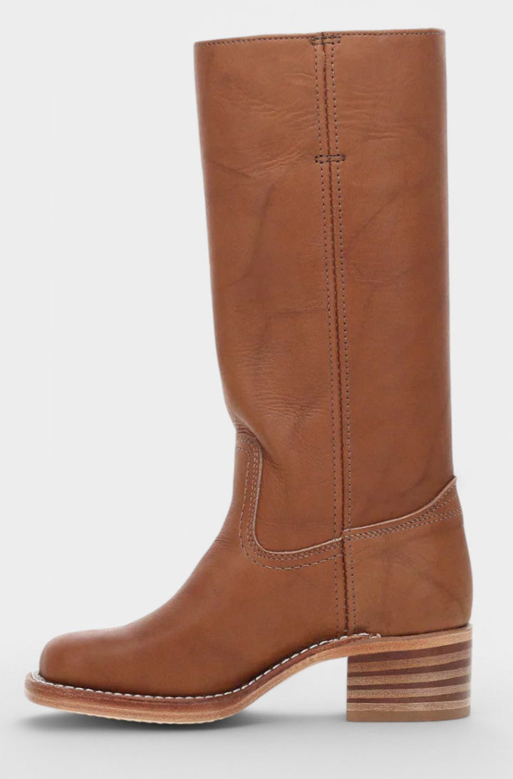Women's Leather Knee-High Boots Stacked Block Heel