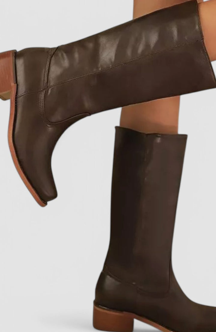 Women's Leather Knee-High Boots Stacked Block Heel