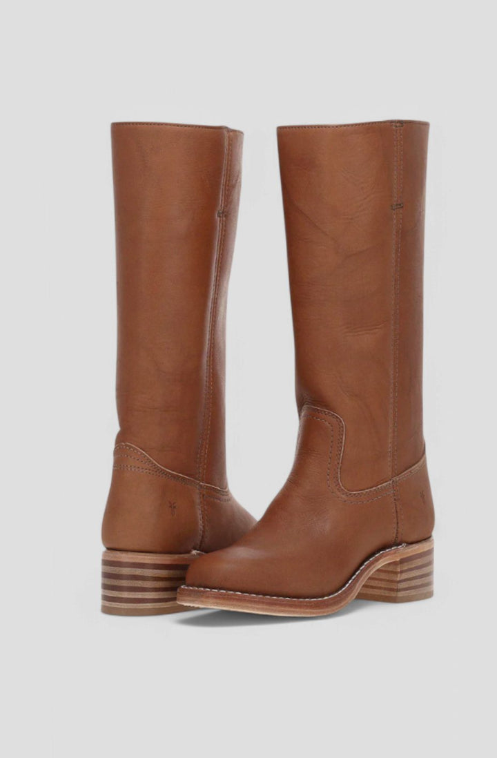 Women's Leather Knee-High Boots Stacked Block Heel - Brown