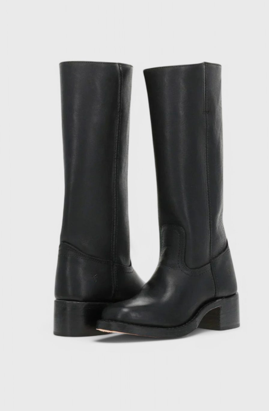 Women's Leather Knee-High Boots Stacked Block Heel - Black
