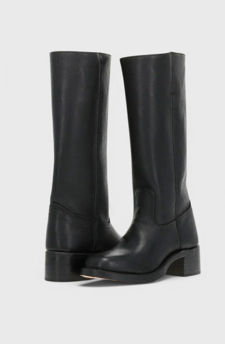Women's Leather Knee-High Boots Stacked Block Heel - Black