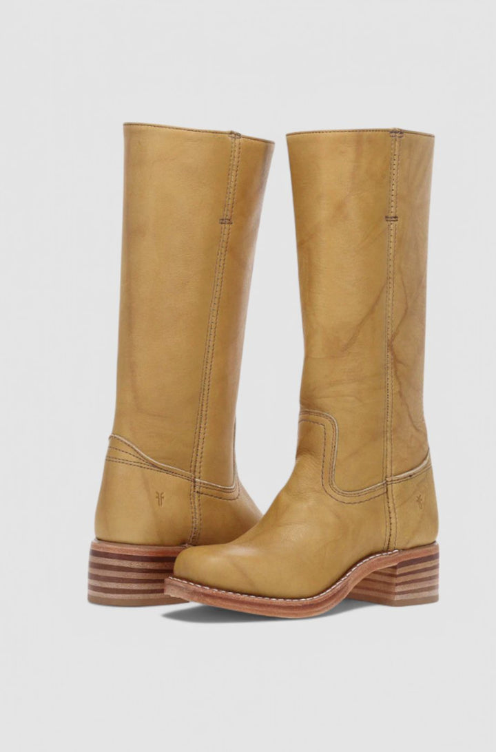 Women's Leather Knee-High Boots Stacked Block Heel - Yellow