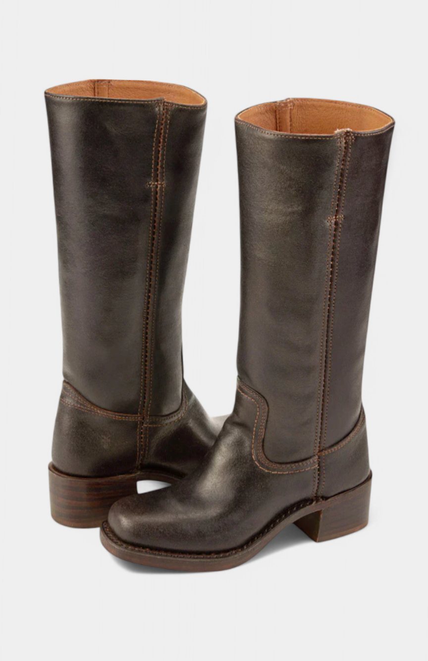 Women's Leather Knee-High Boots Stacked Block Heel - Dark Brown