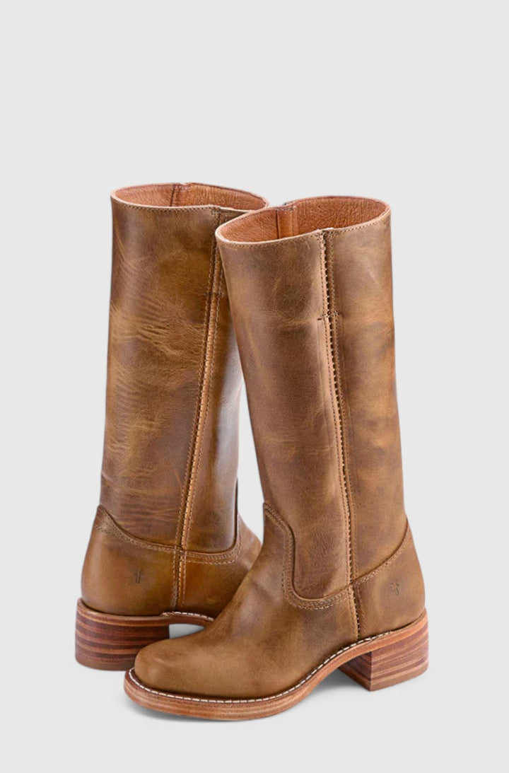 Women's Leather Knee-High Boots Stacked Block Heel - Light Brown