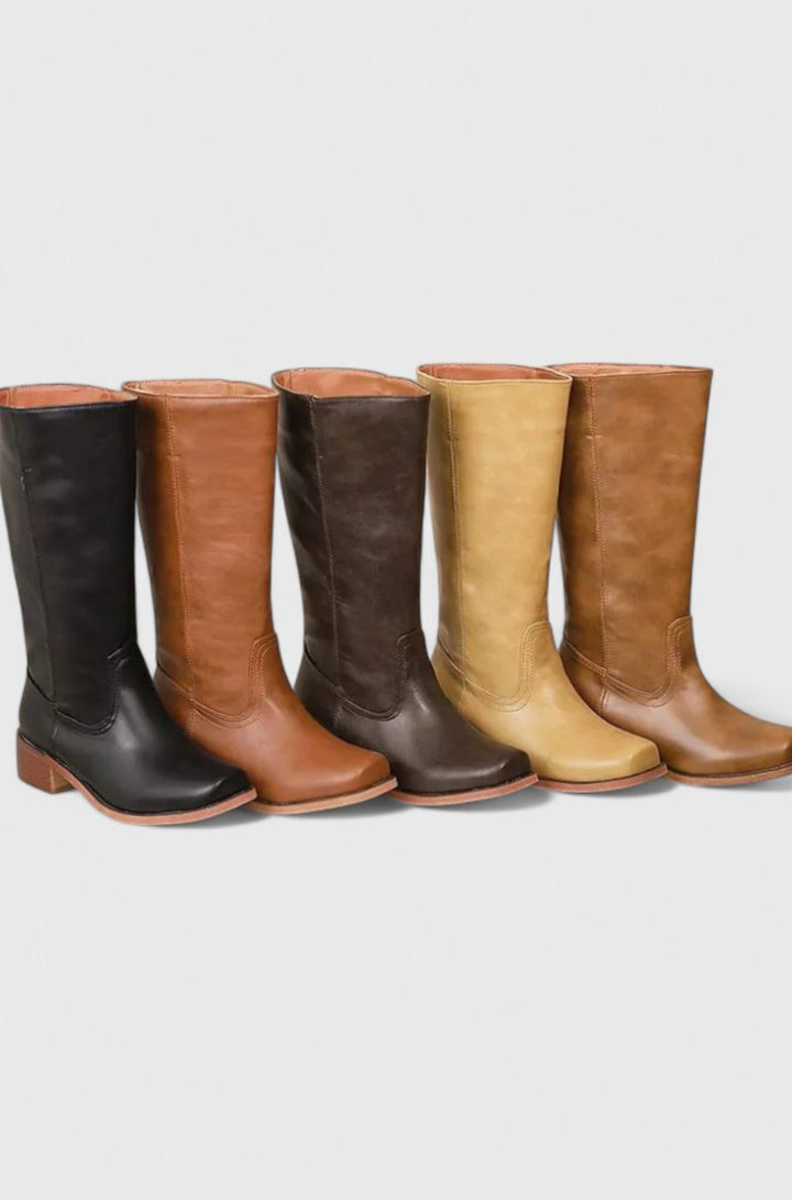 Women's Leather Knee-High Boots Stacked Block Heel