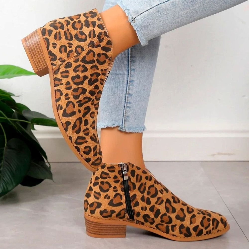 Women's Leopard Print Block-Heel Side-Zip Ankle Boots