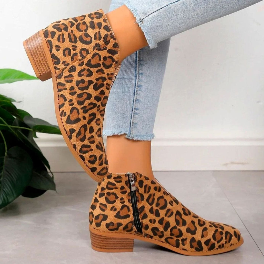 Women's Leopard Print Block-Heel Side-Zip Ankle Boots