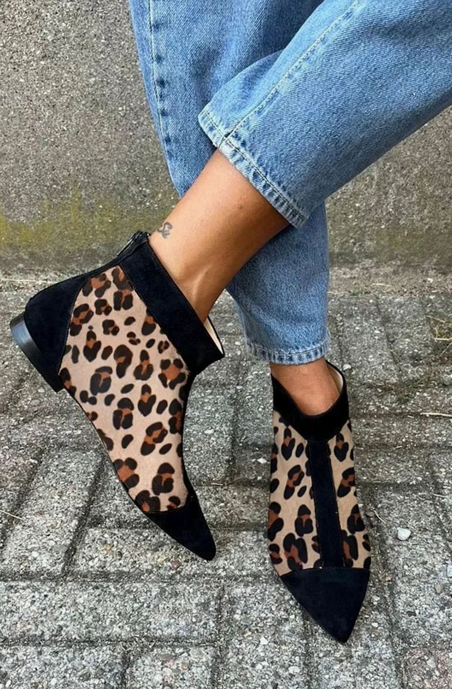 Women's Leopard Print Pointed-Toe Ankle Boots, Leopard Brown Black - Khaki