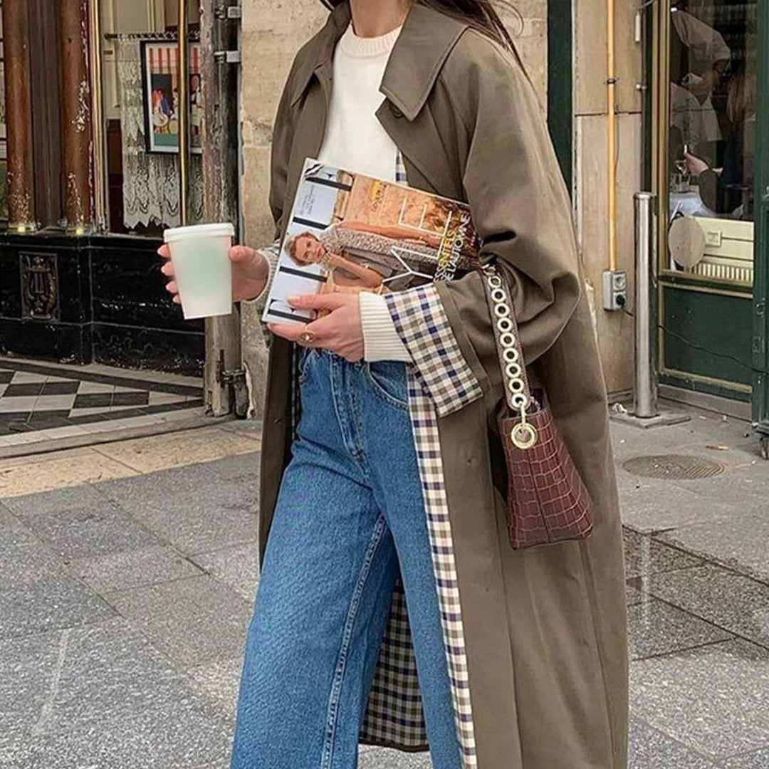 Women's Lightweight Waterproof Plaid-Lined Trench Coat - Khaki Green