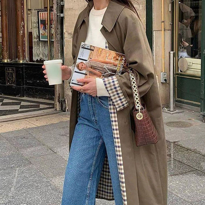 Women's Lightweight Waterproof Plaid-Lined Trench Coat - Khaki Green