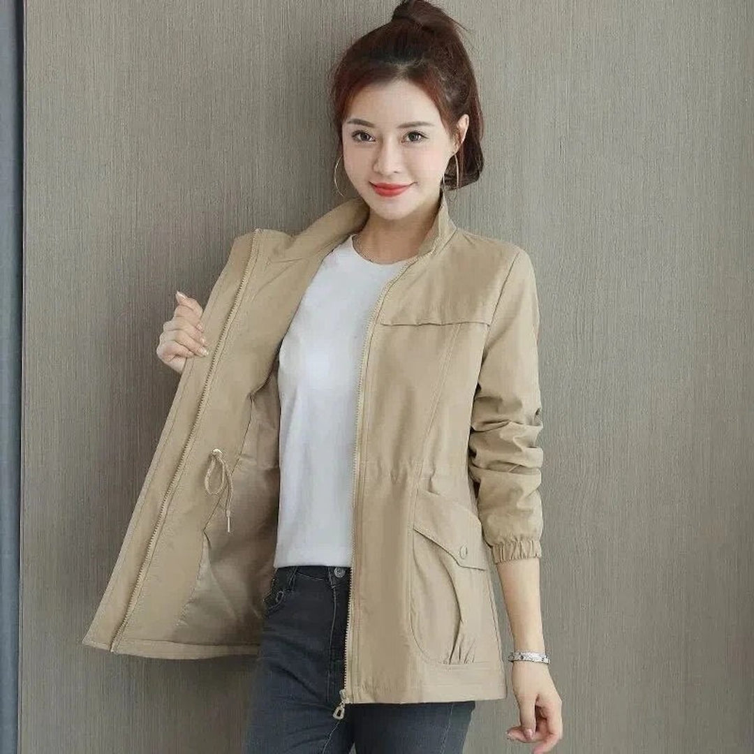 Women's Lightweight Zip-Up Drawstring Transitional Bomber Jacket - Khaki