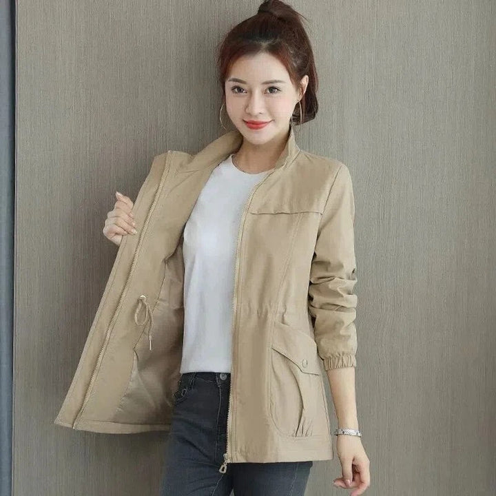 Women's Lightweight Zip-Up Drawstring Transitional Bomber Jacket - Khaki