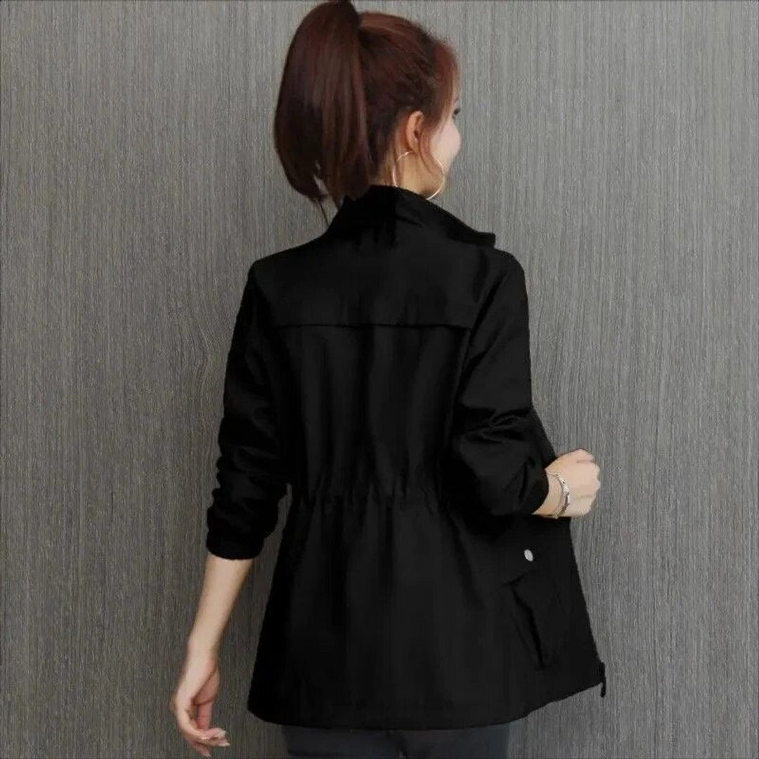 Women's Lightweight Zip-Up Drawstring Transitional Bomber Jacket - Black