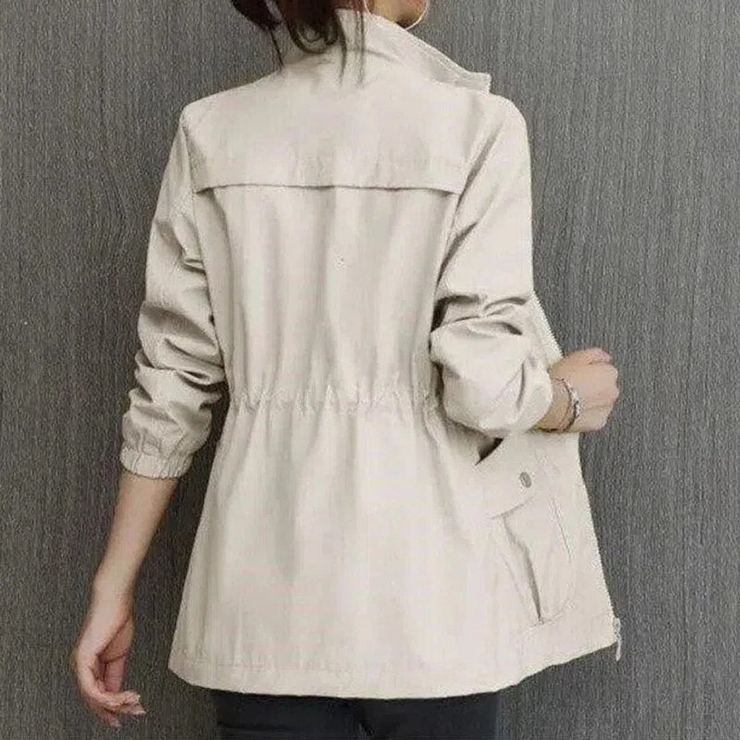 Women's Lightweight Zip-Up Drawstring Transitional Bomber Jacket - Beige