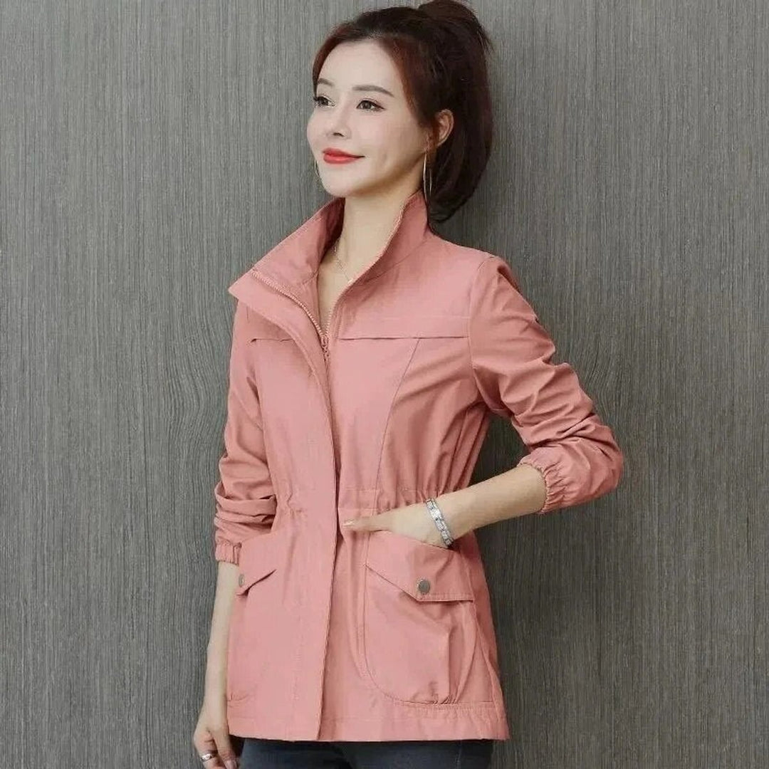 Women's Lightweight Zip-Up Drawstring Transitional Bomber Jacket - Pink