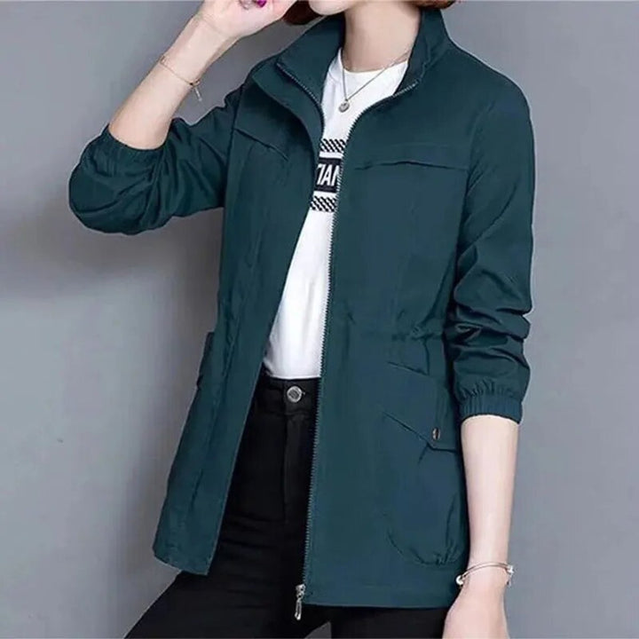 Women's Lightweight Zip-Up Drawstring Transitional Bomber Jacket - Blue