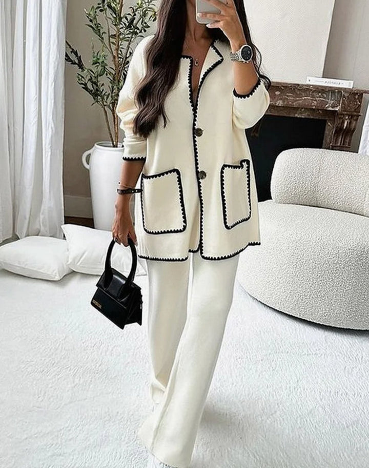 Women's Long Blazer Contrast-Trim Two-Piece Pants Set - White